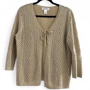 Judith Hart Vtg Gold Metallic Front Tie Bow Vneck Cardigan 3/4 Sleeve Size Large